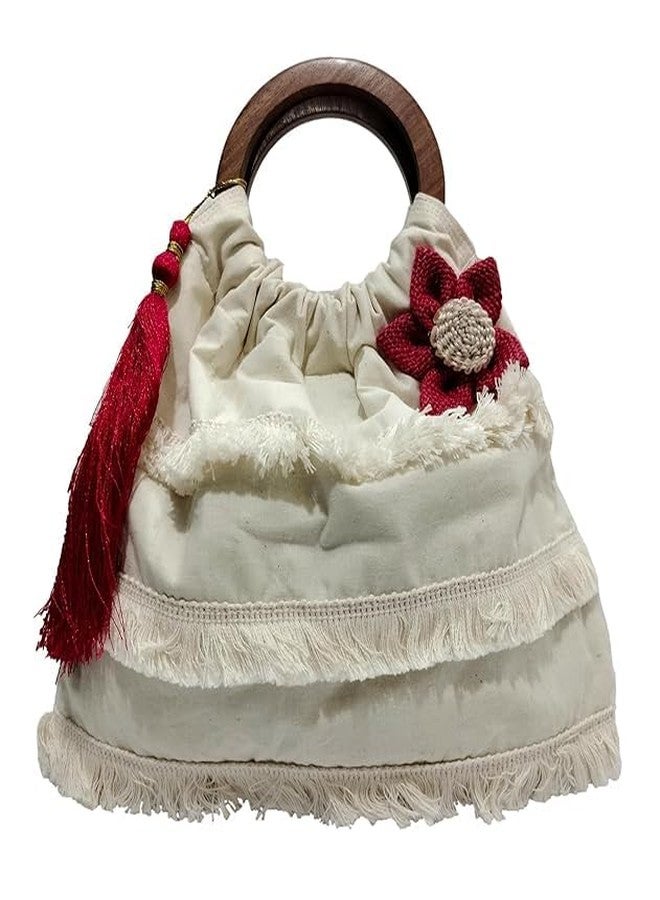 ATHZ handbags for women top handle bags with classic wodden handles jute flower, tassel, satin ribbon embellishment Jute| Cotton Fabric Bags (Off White, Onion Pink) - Image 1